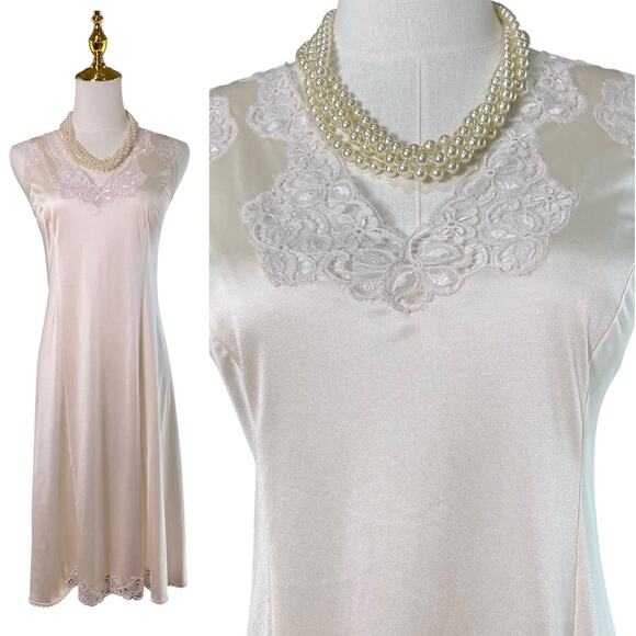 Vintage 60s FRENCH Artel Beige Nylon Lace Trim Wide Strap Full Slip Dress Size M - Picture 1 of 12